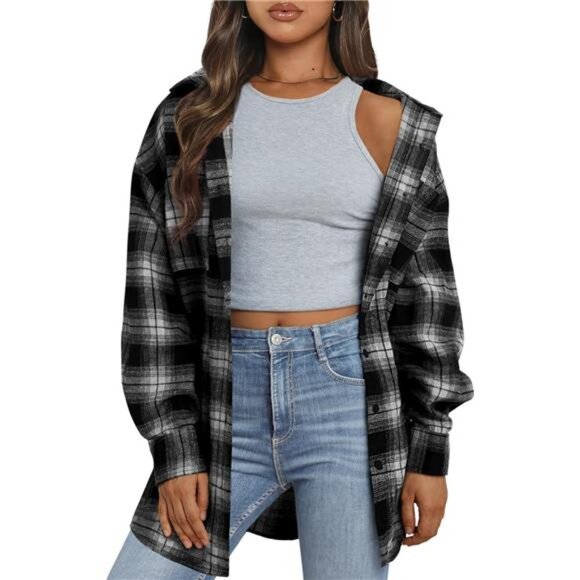 Women's Long Sleeve Flannel Shacket Button-Down Blouse - Plaid Top for Fall - Picture 1 of 7